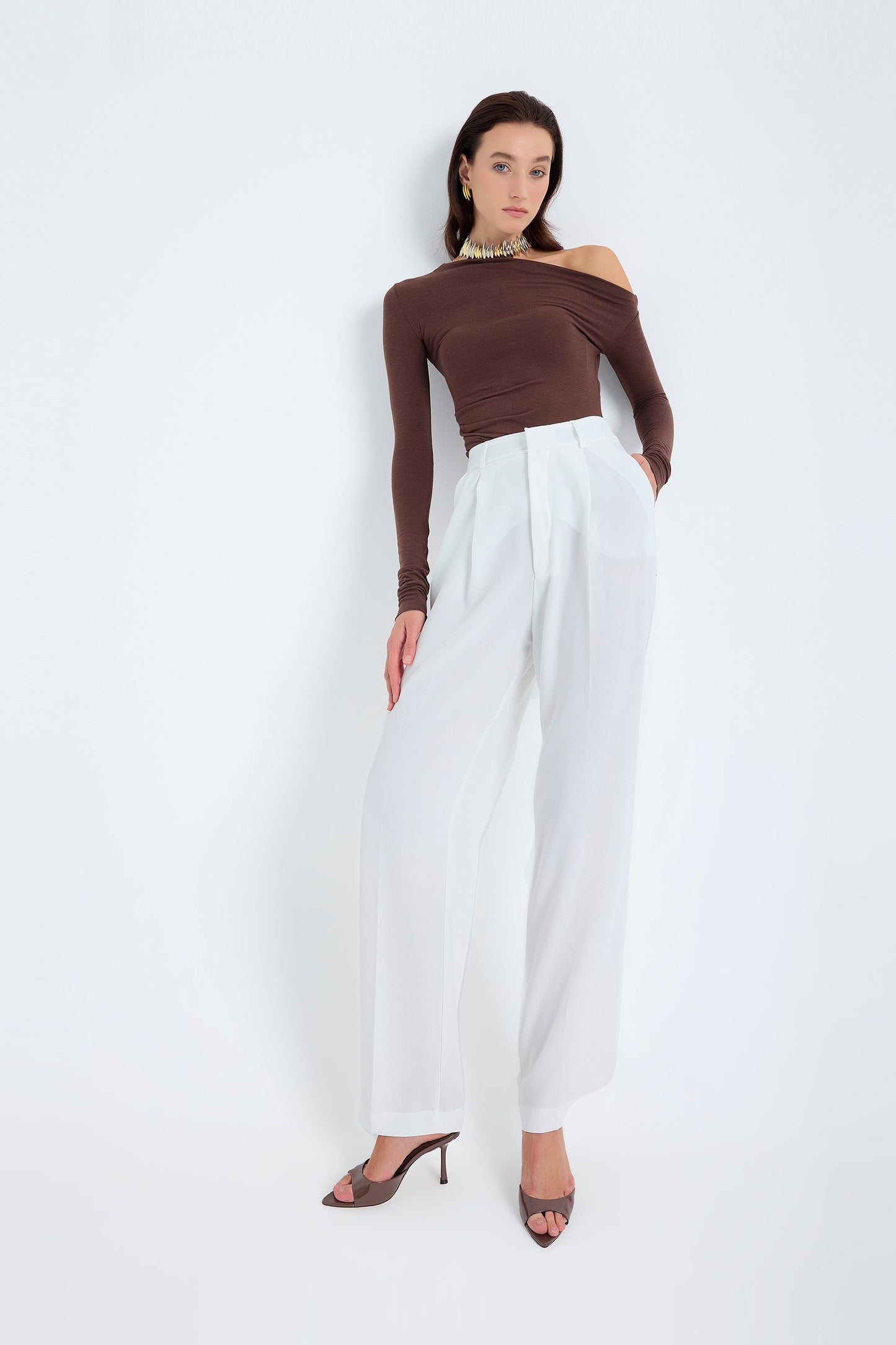 Nevara High Waist Wide Leg Pants – White