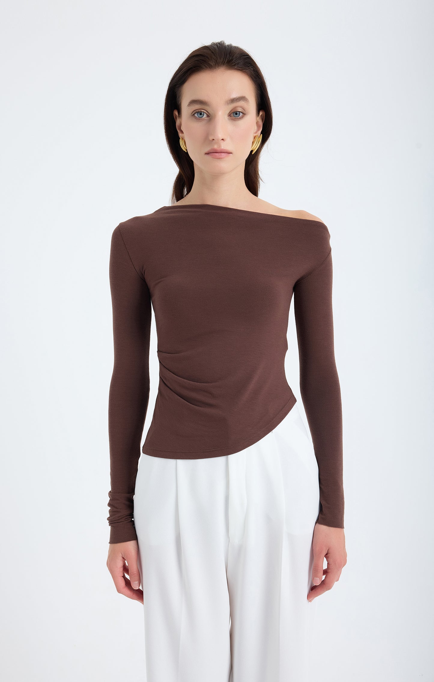 Aura One-Shoulder Draped Top – Brown