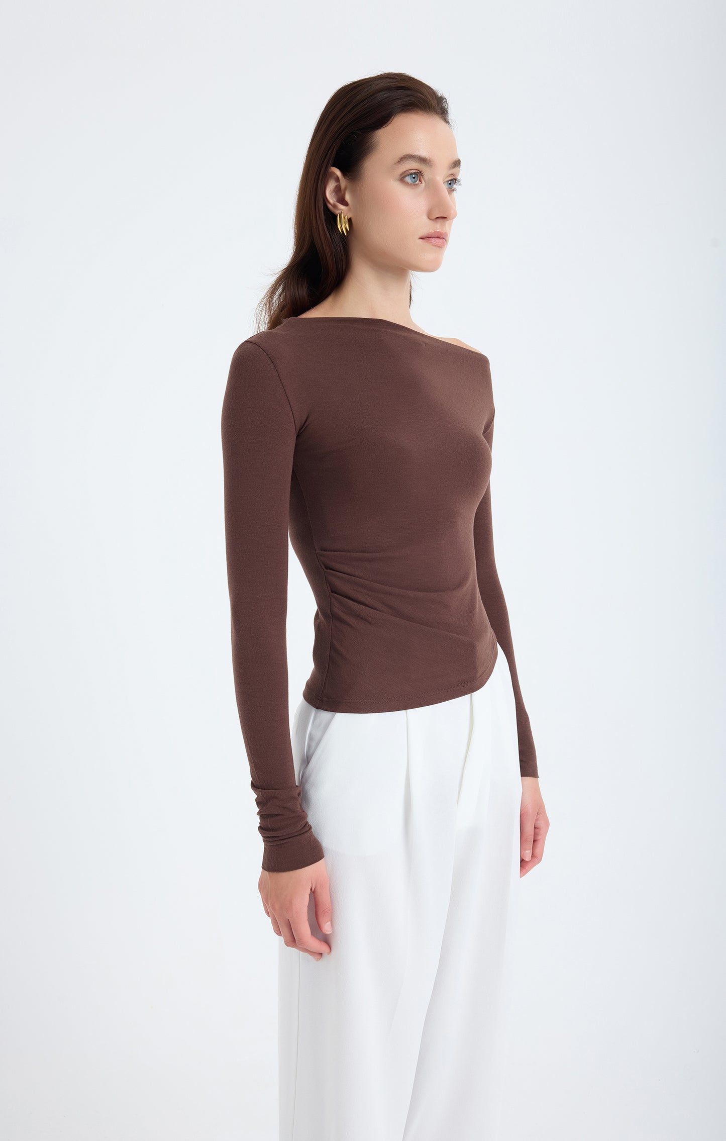 Aura One-Shoulder Draped Top – Brown
