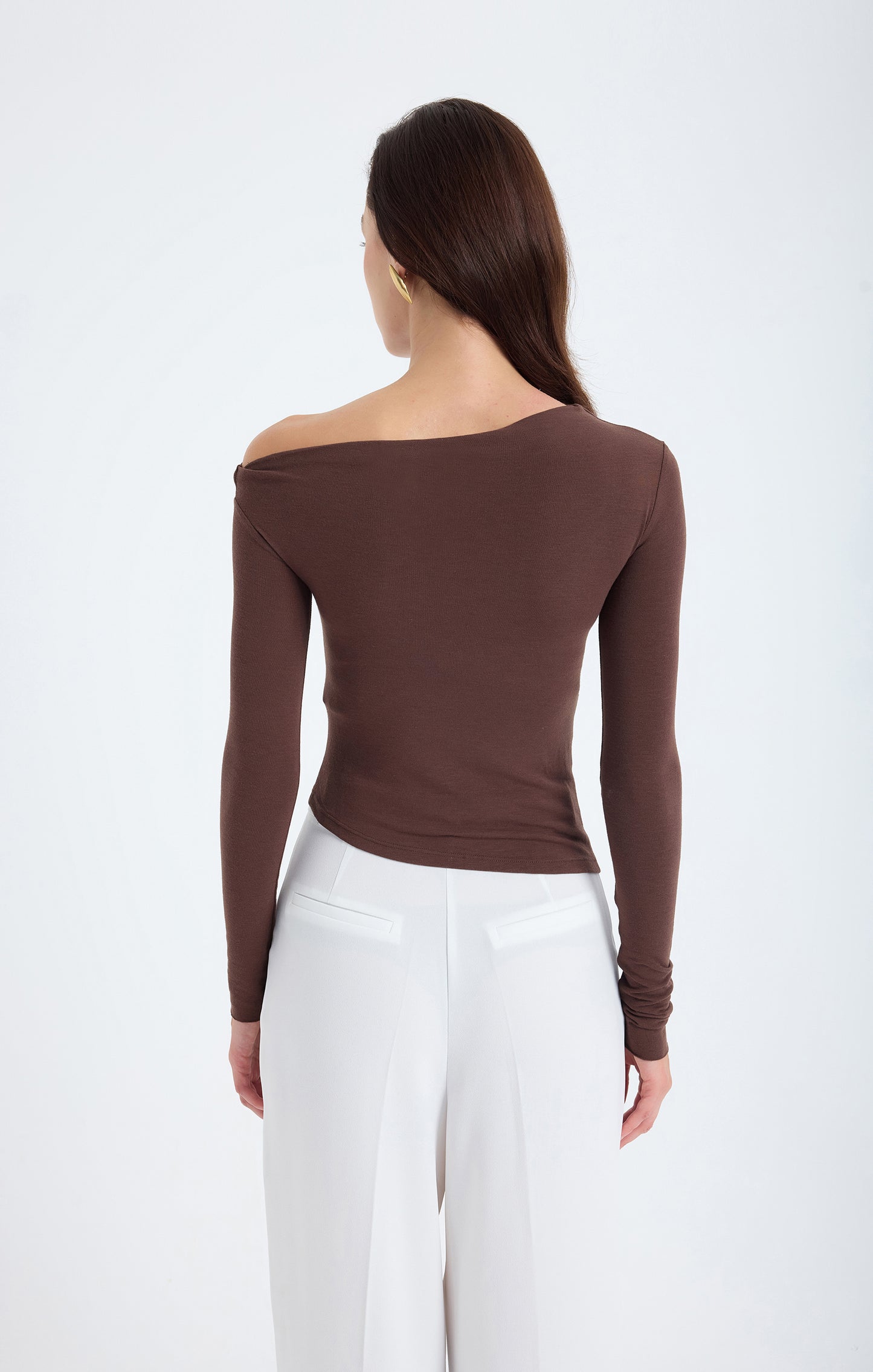 Aura One-Shoulder Draped Top – Brown