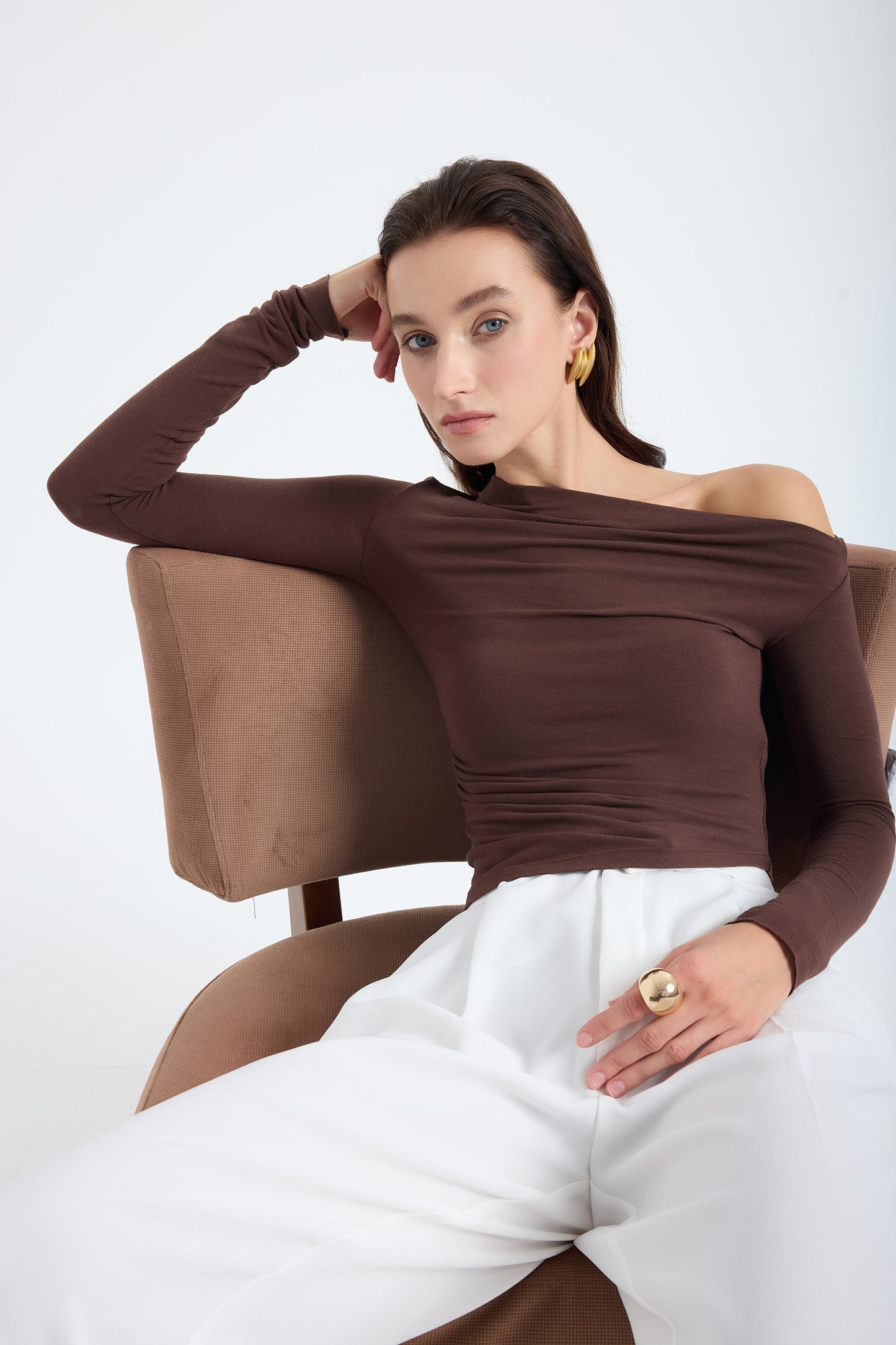 Aura One-Shoulder Draped Top – Brown