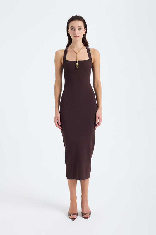 Azura Knit Crisscross Back Bodycon Midi Dress - Brown