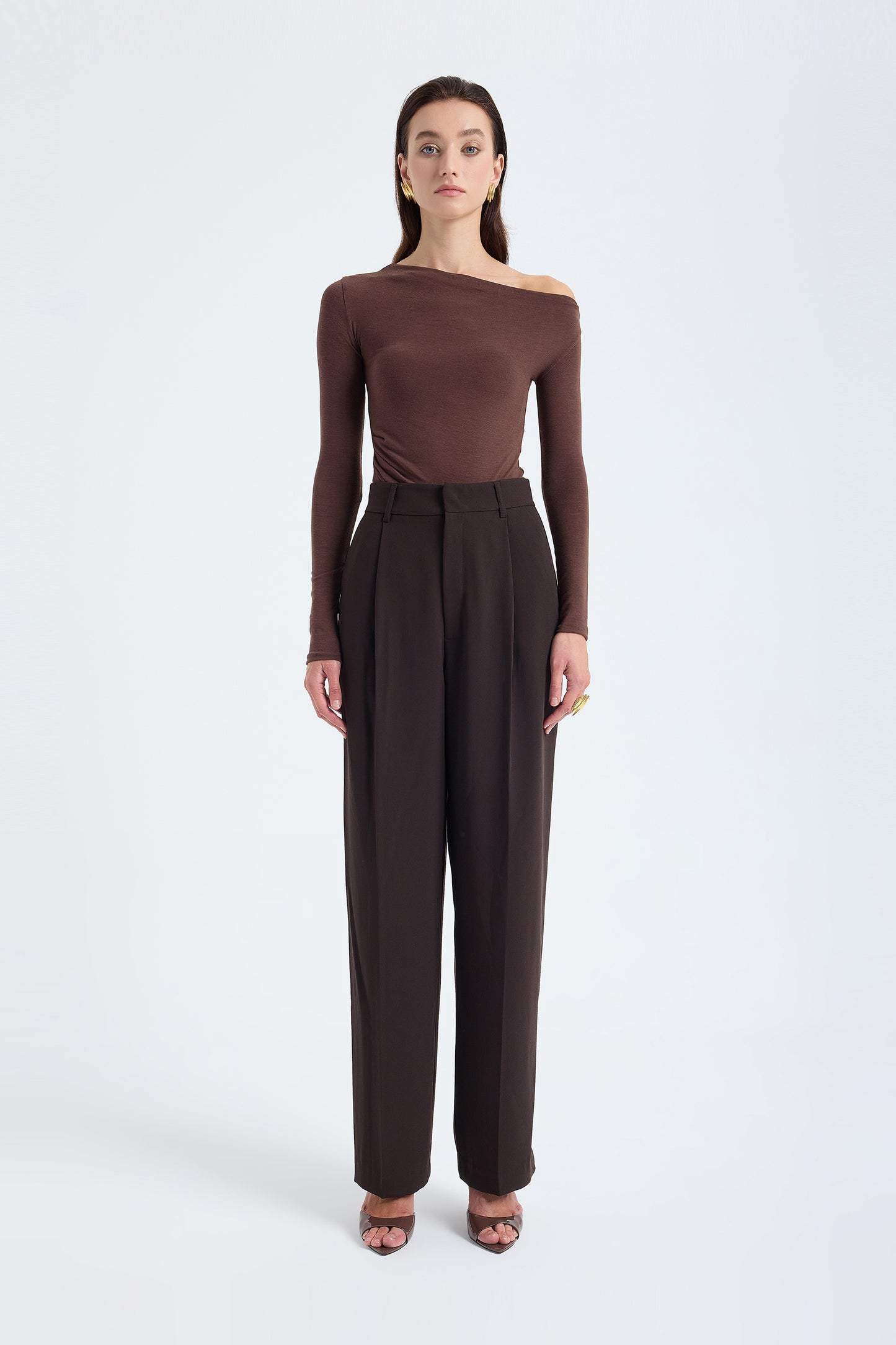 Nevara High Waist Wide Leg Pants – Brown