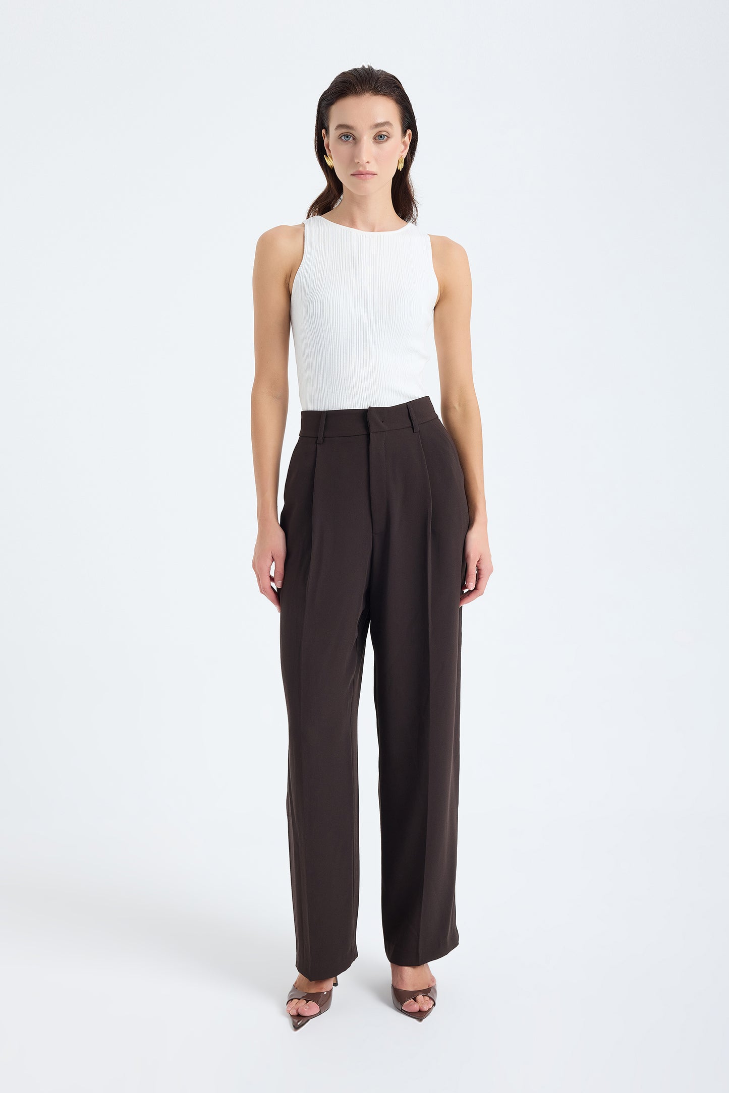 Nevara High Waist Wide Leg Pants – Brown