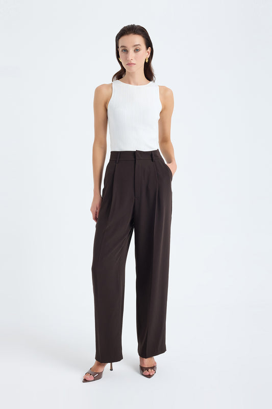 Nevara High Waist Wide Leg Pants – Brown