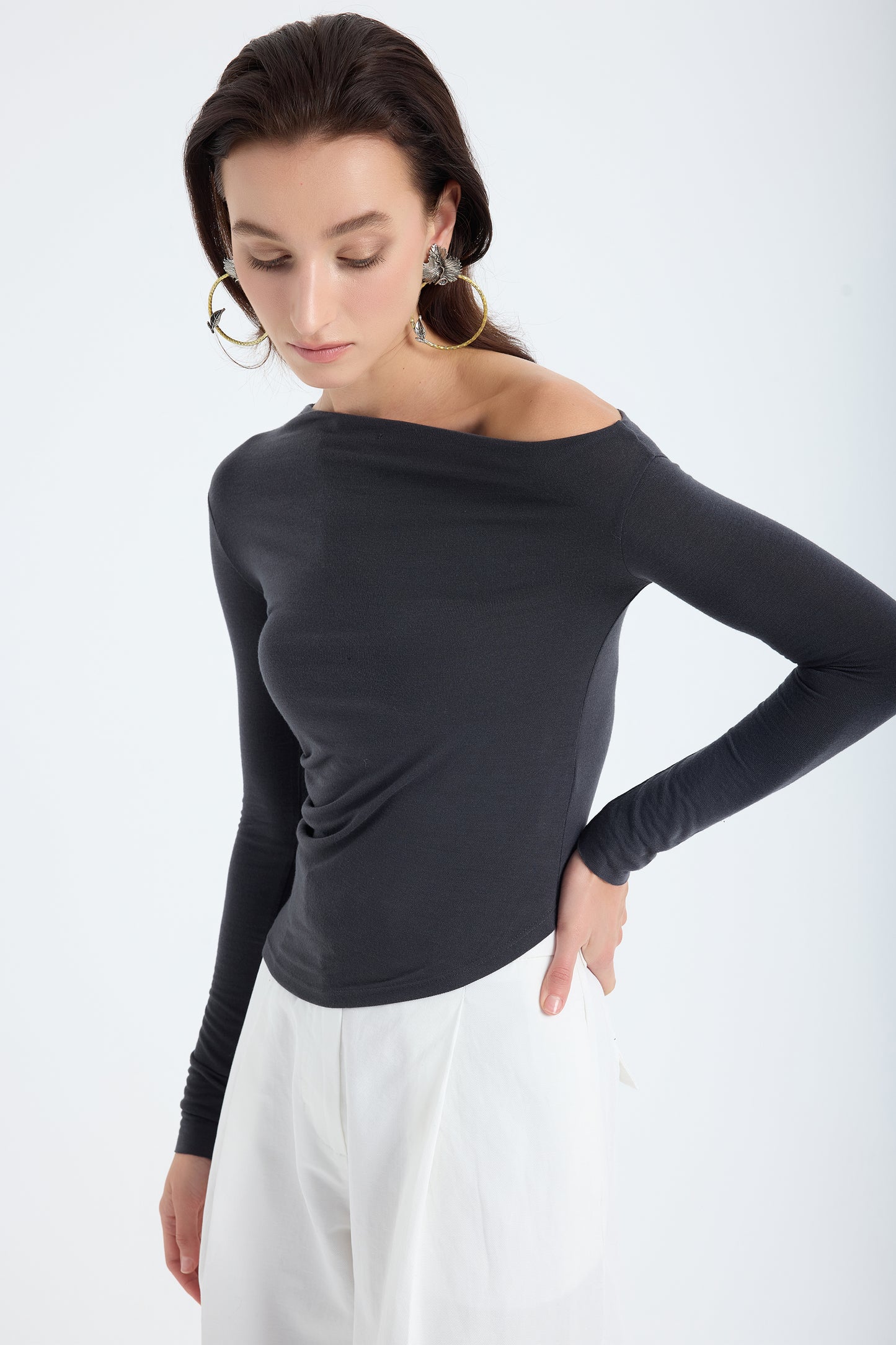 Aura One-Shoulder Draped Top – Grey