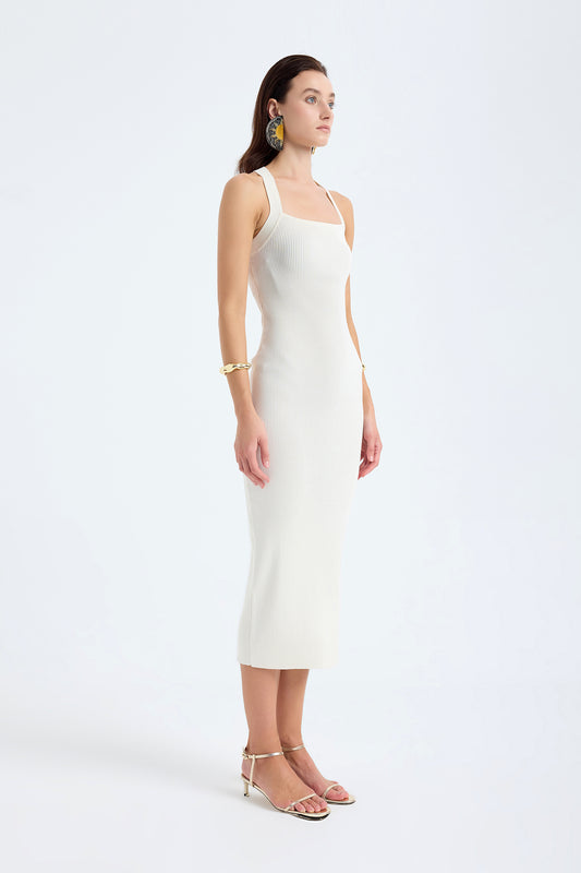 Azura Knit Crisscross Back Bodycon Midi Dress - Ivory