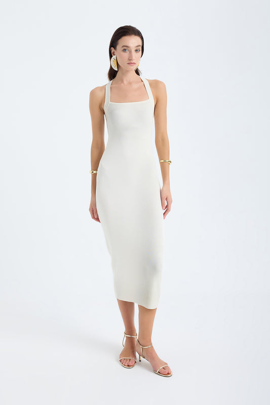 Azura Knit Crisscross Back Bodycon Midi Dress - Ivory