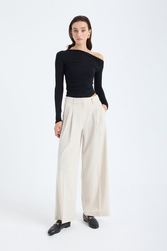Liora Double Pleated Palazzo Trousers – Stone