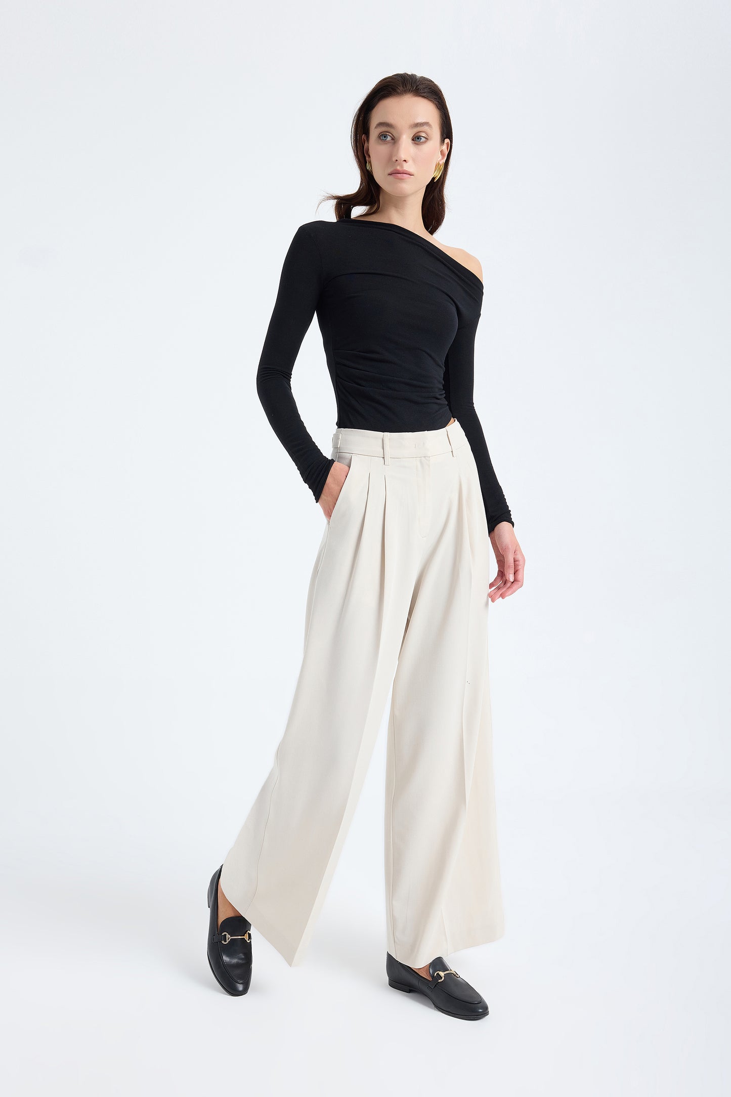 Liora Double Pleated Palazzo Trousers – Stone