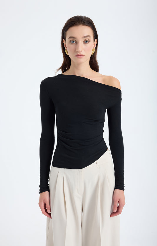 Aura One-Shoulder Draped Top – Black