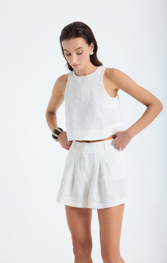Lena 100% Linen Sleeveless Crop Top - White