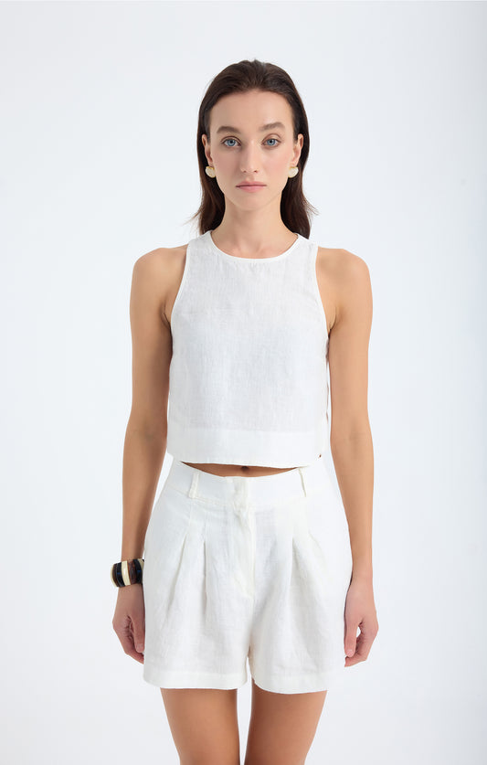 Lena 100% Linen Sleeveless Crop Top - White