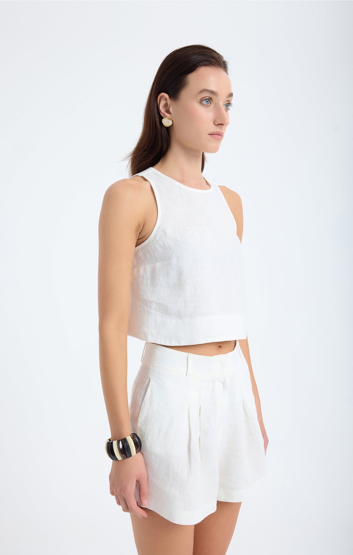Lena 100% Linen Sleeveless Crop Top - White