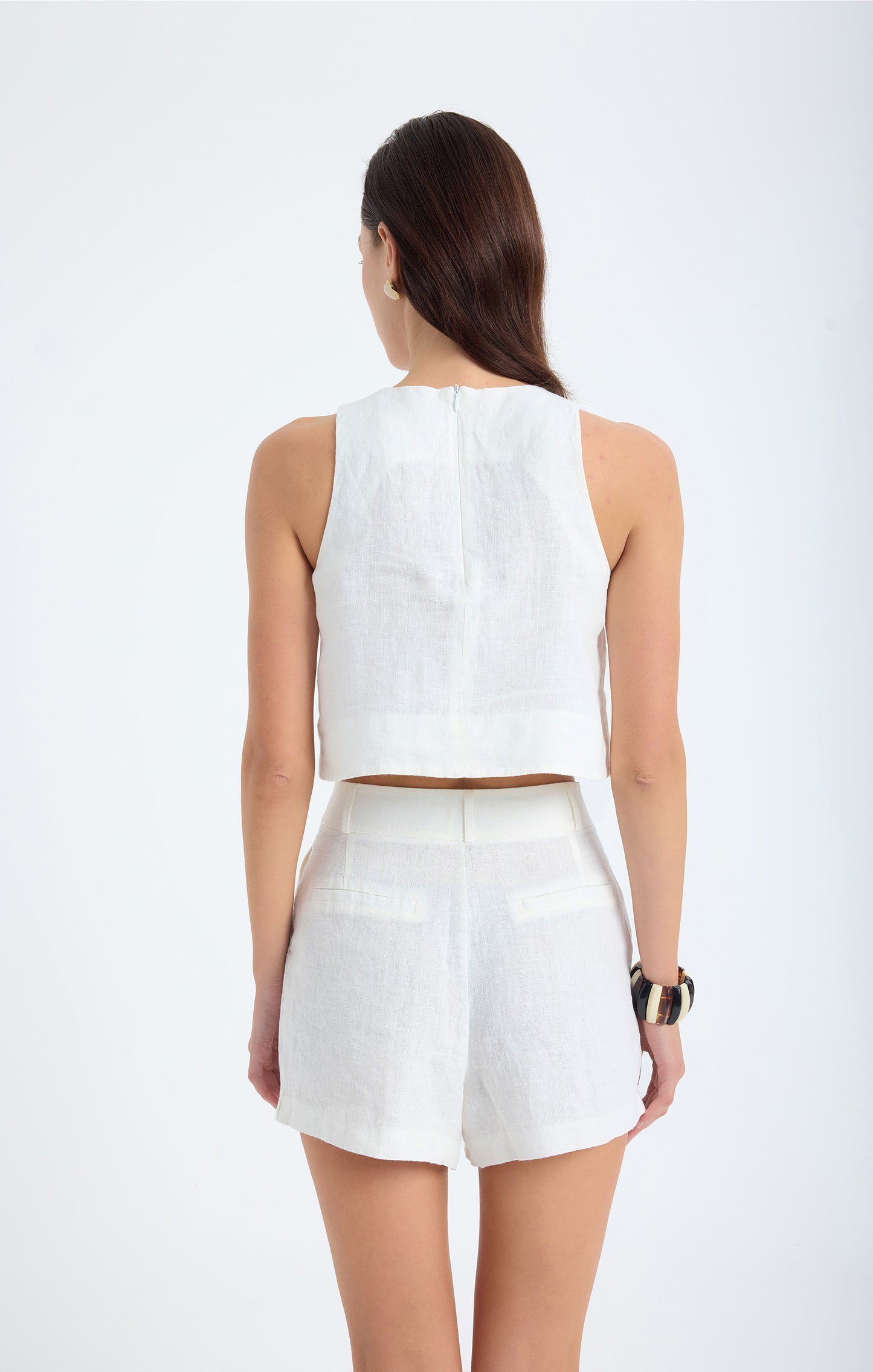 Lena 100% Linen Sleeveless Crop Top - White