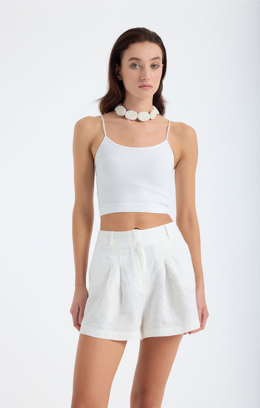 Reve 100% Linen Relaxed Fit High-Waist Shorts - White