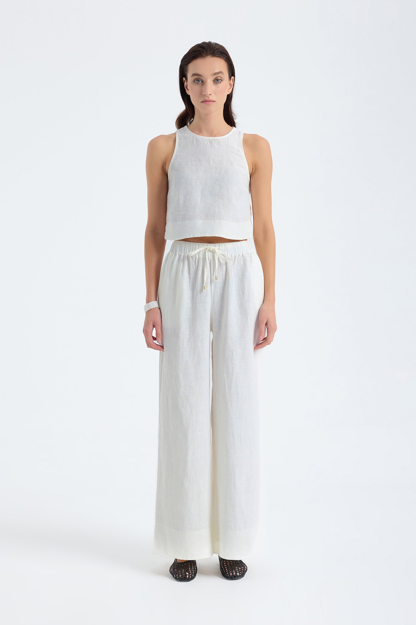 Ciel 100% Linen Wide-Leg Pants - White