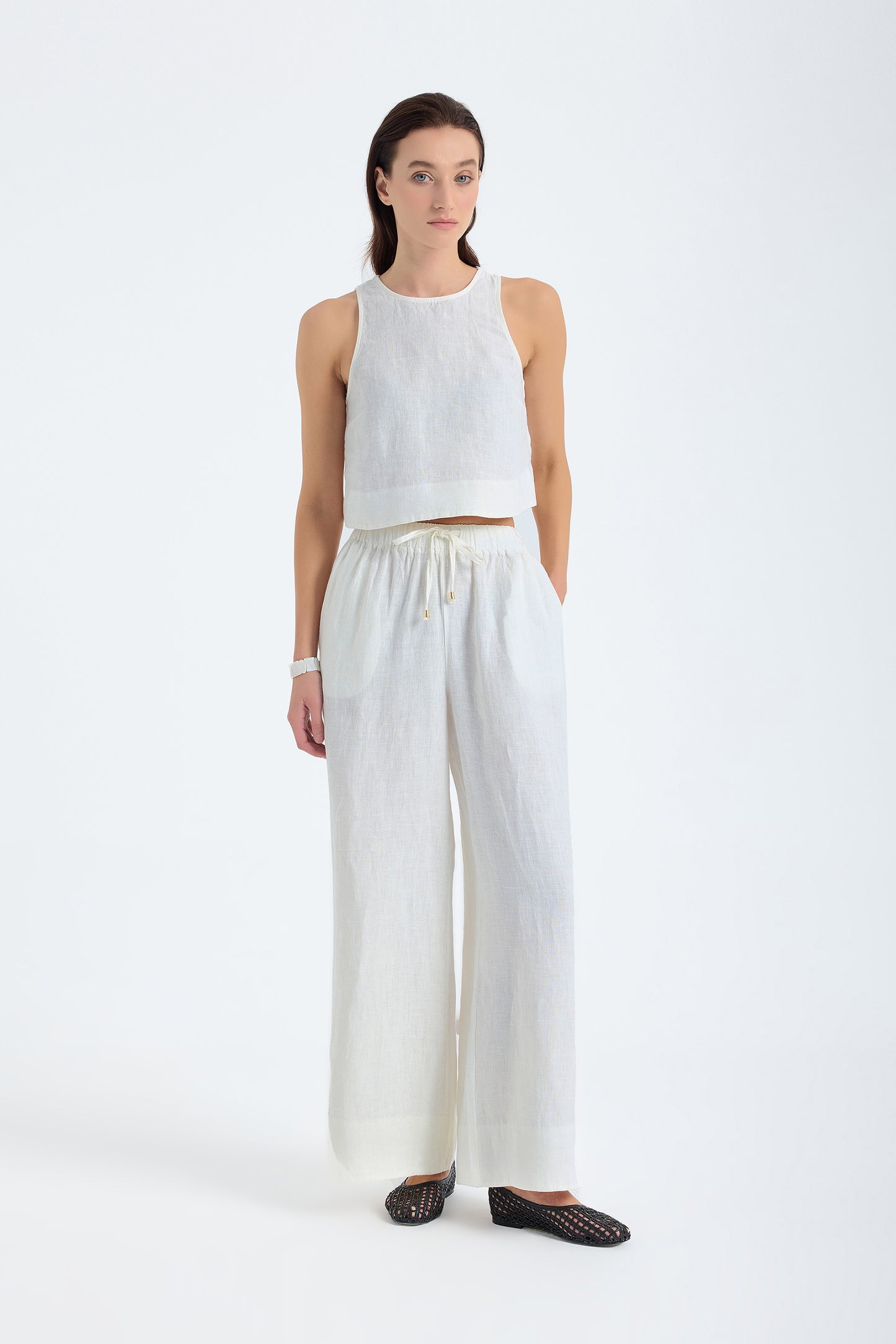 Ciel 100% Linen Wide-Leg Pants - White