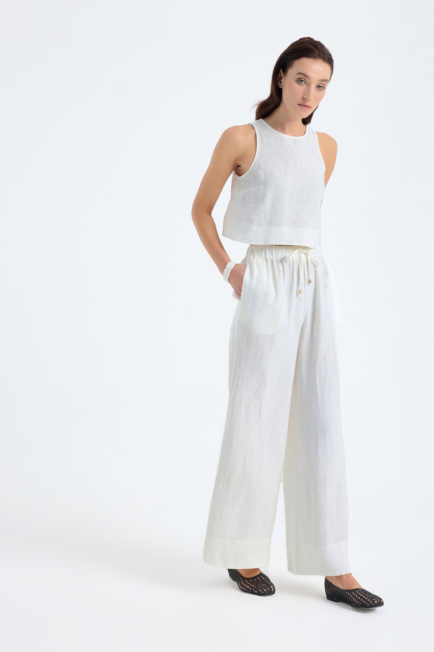 Ciel 100% Linen Wide-Leg Pants - White