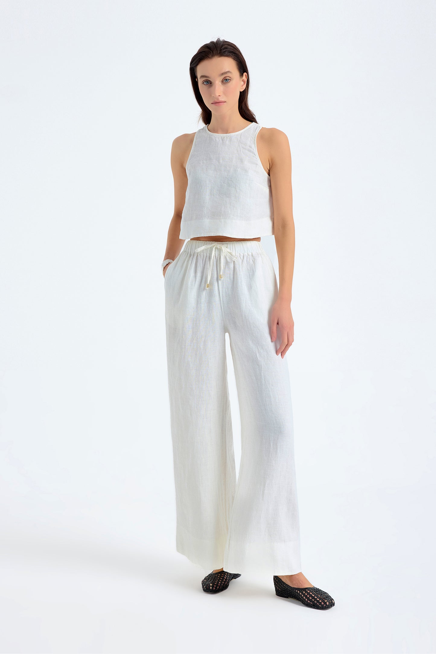 Ciel 100% Linen Wide-Leg Pants - White