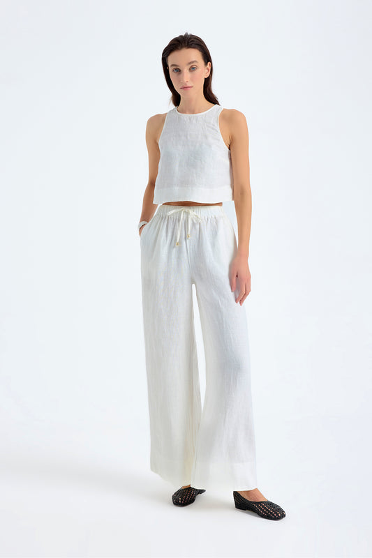 Ciel 100% Linen Wide-Leg Pants - White