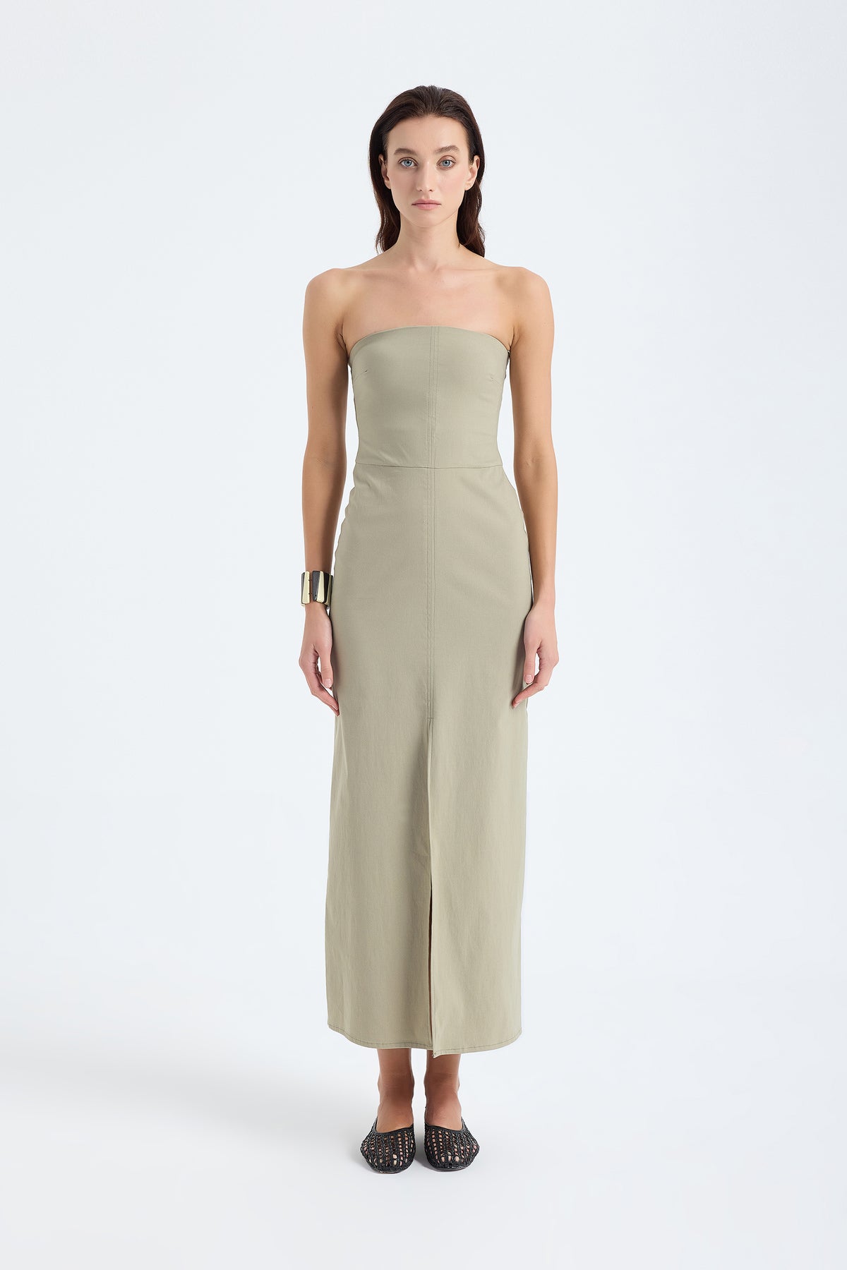 Akasha Strapless Cotton Blend Midi Dress – Dusty Olive