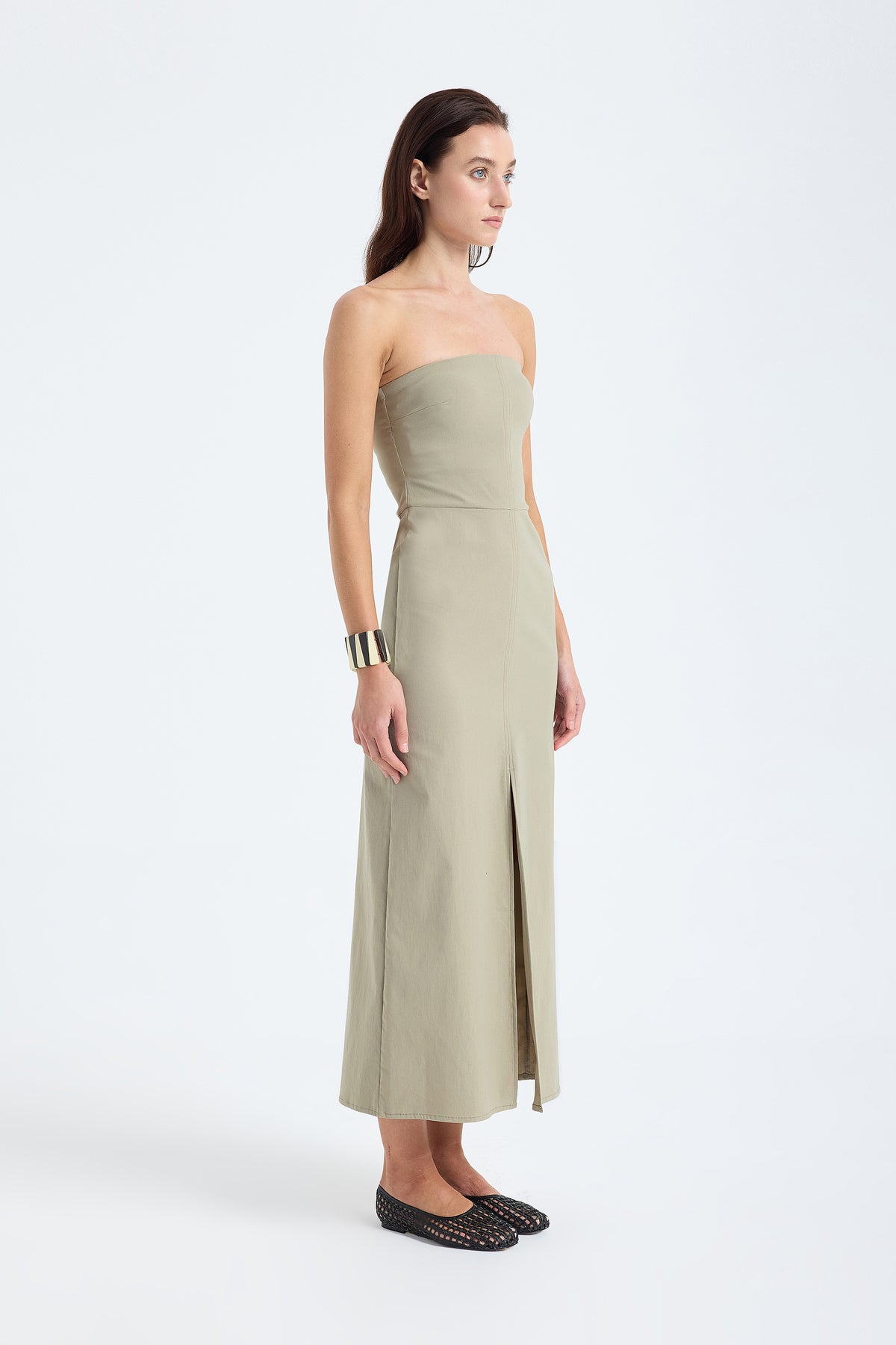 Akasha Strapless Cotton Blend Midi Dress – Dusty Olive