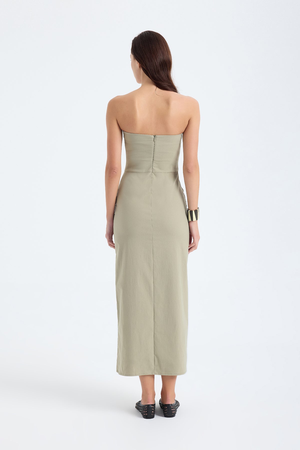 Akasha Strapless Cotton Blend Midi Dress – Dusty Olive