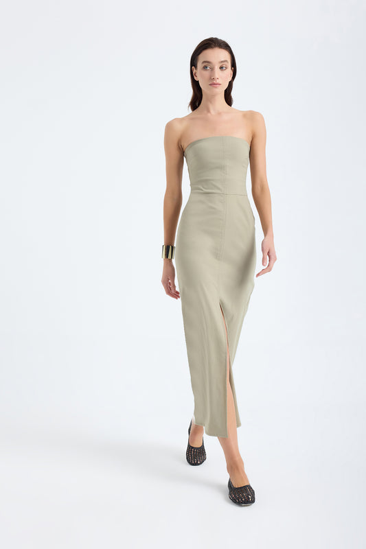 Akasha Strapless Cotton Blend Midi Dress – Dusty Olive