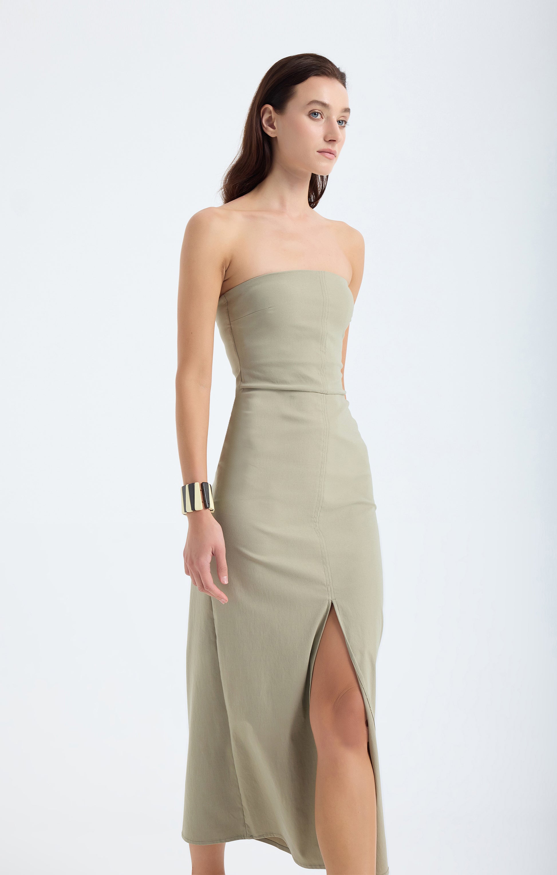 Akasha Strapless Cotton Blend Midi Dress Dusty Olive Monlicia Akasha Strapless Cotton Blend Midi Dress Dusty Olive Monlicia