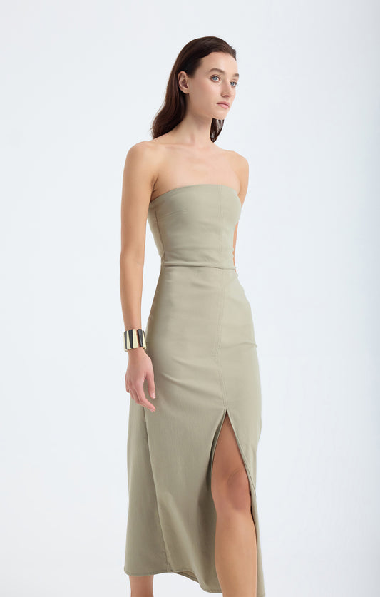 Akasha Strapless Cotton Blend Midi Dress – Dusty Olive