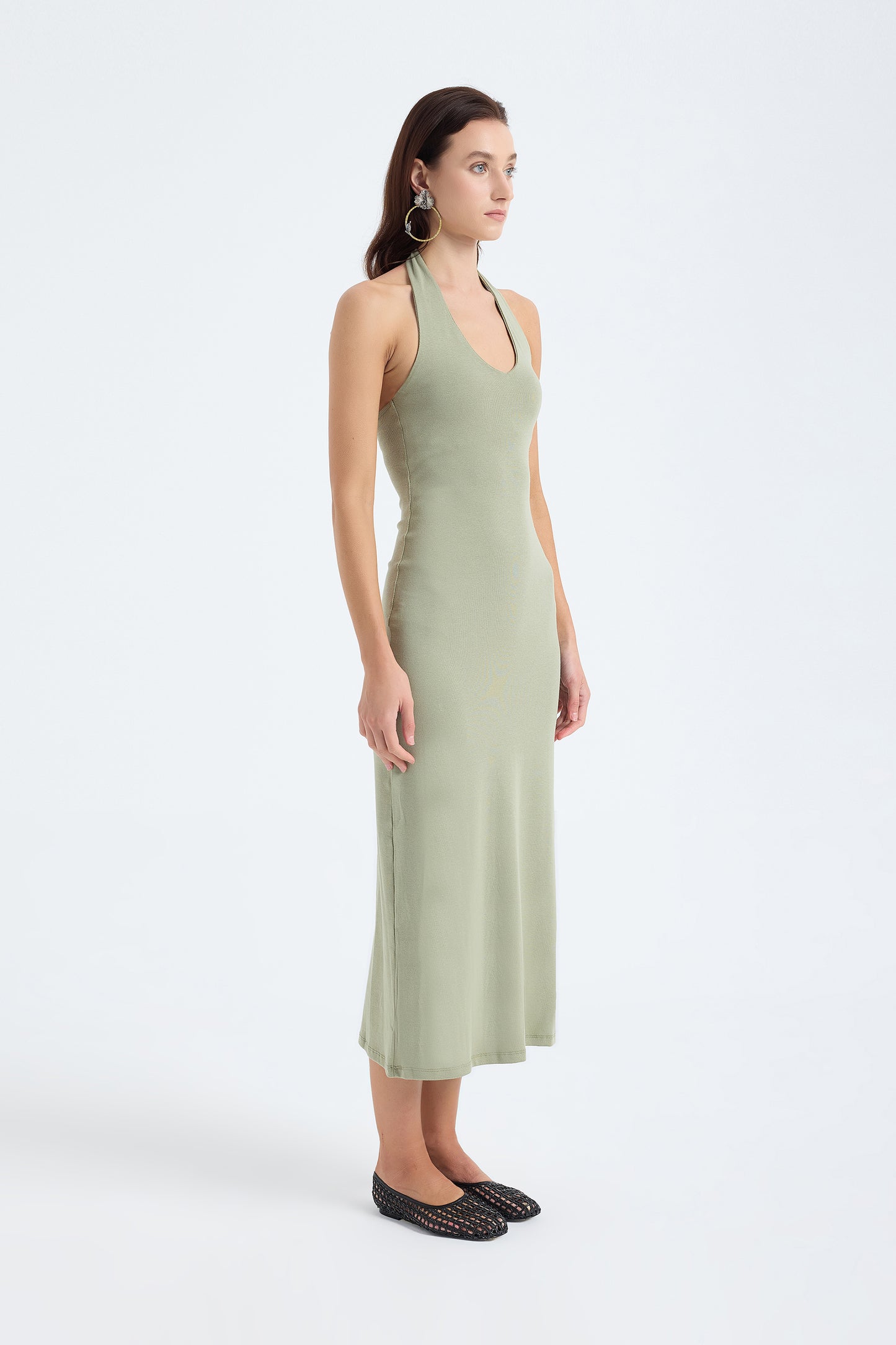 Orion Halter Cotton Midi Dress – Dusty Olive