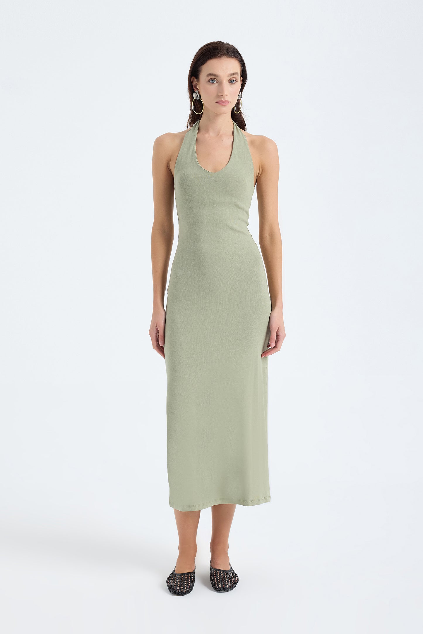 Orion Halter Cotton Midi Dress – Dusty Olive