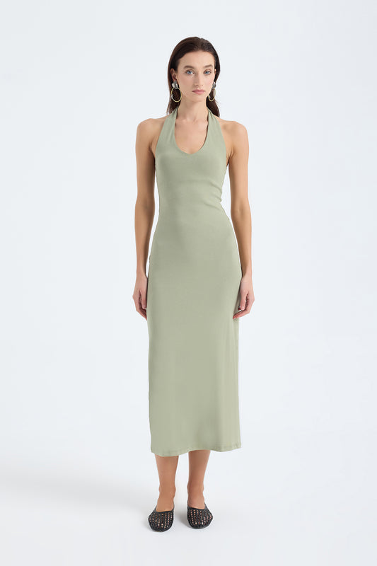 Orion Halter Cotton Midi Dress – Dusty Olive