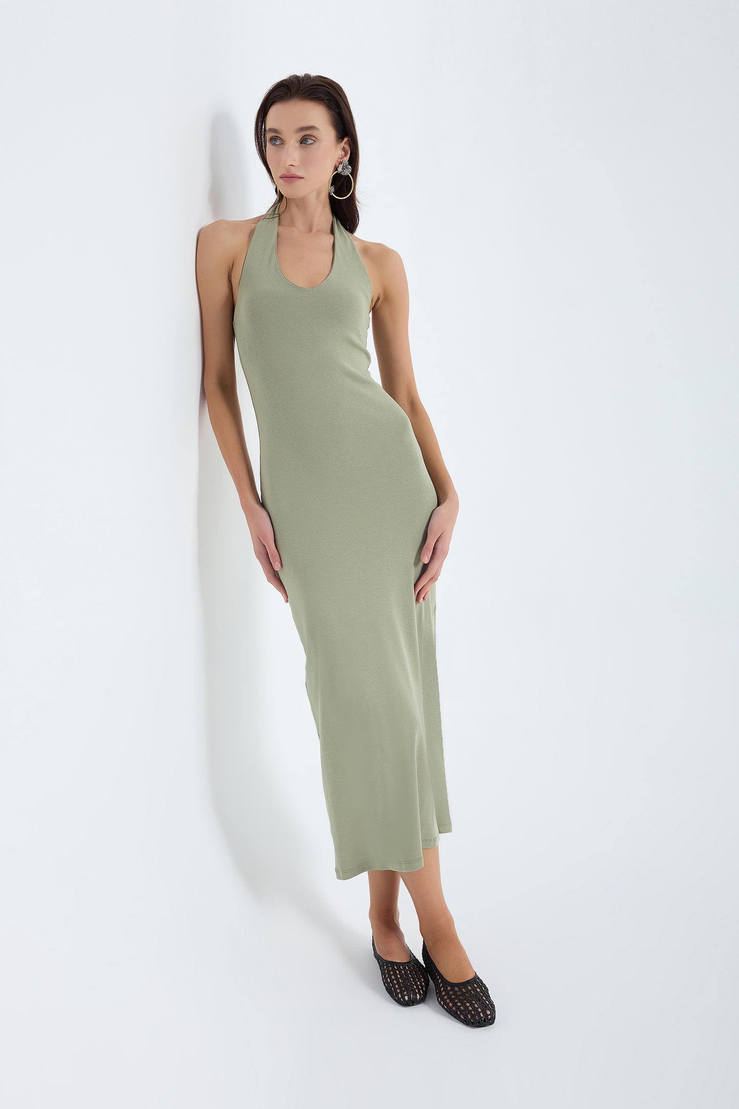 Orion Halter Cotton Midi Dress – Dusty Olive