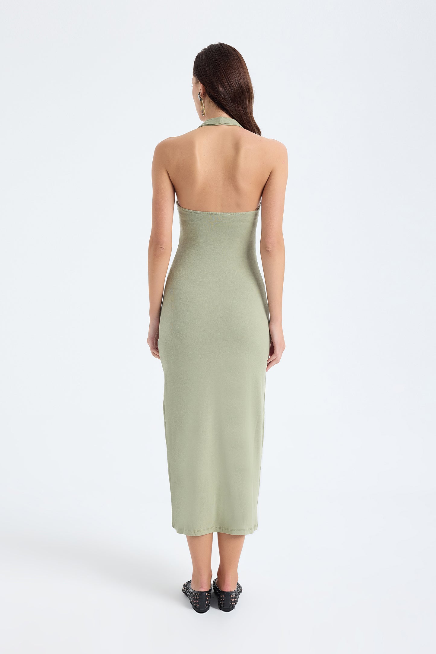 Orion Halter Cotton Midi Dress – Dusty Olive