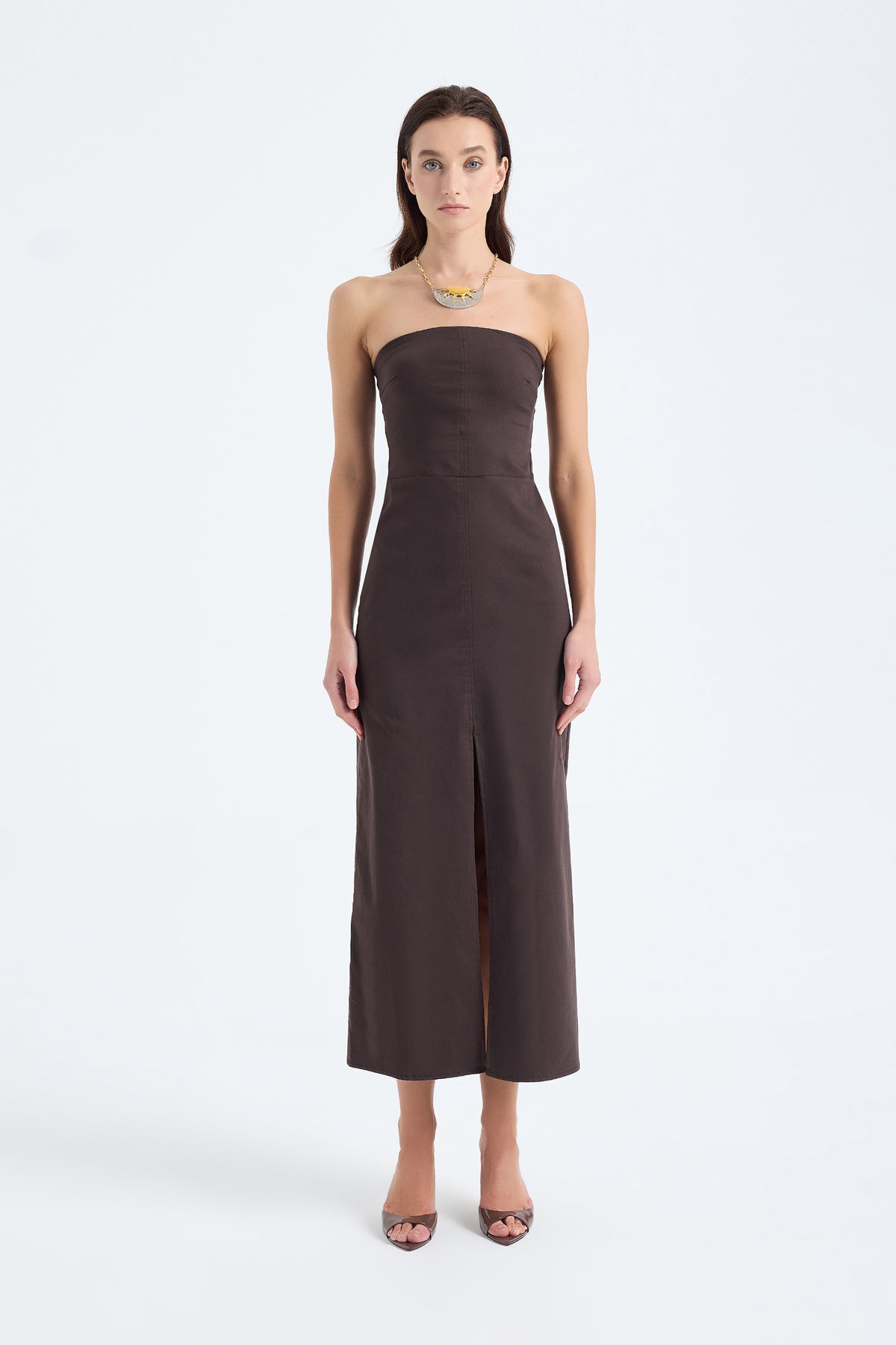 Akasha Strapless Cotton Blend Midi Dress – Brown