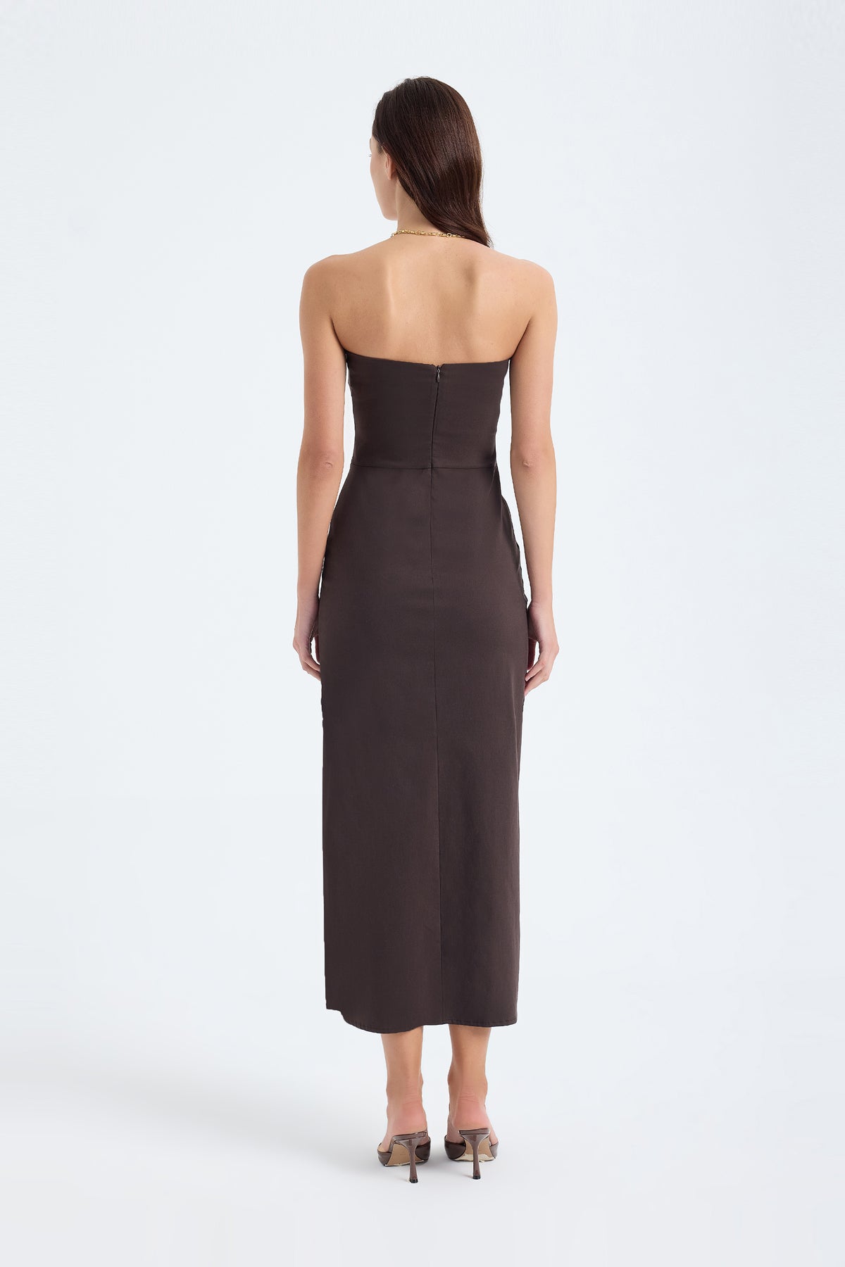 Akasha Strapless Cotton Blend Midi Dress – Brown