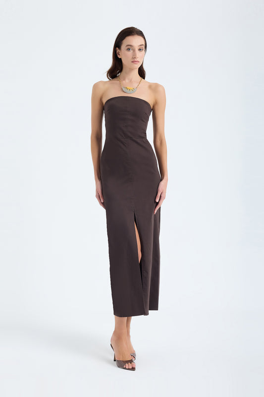 Akasha Strapless Cotton Blend Midi Dress – Brown