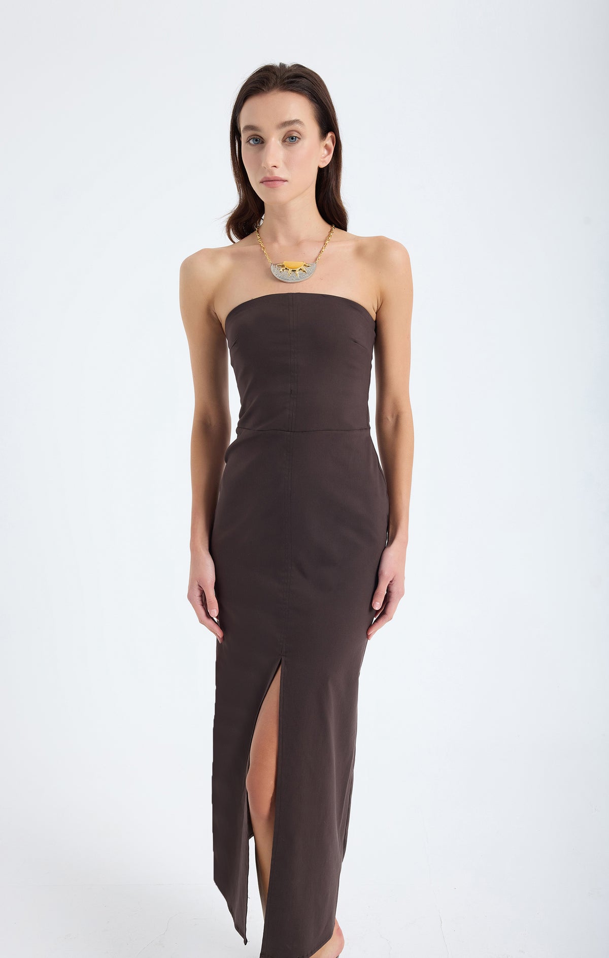 Akasha Strapless Cotton Blend Midi Dress – Brown