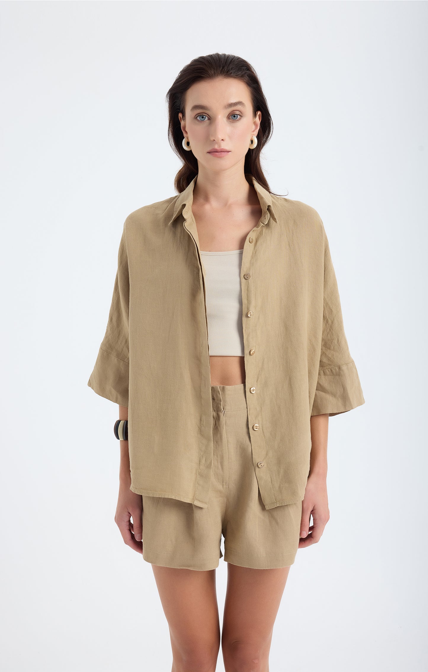 Iyan 100% Linen Oversize Shirt - Dark Beige