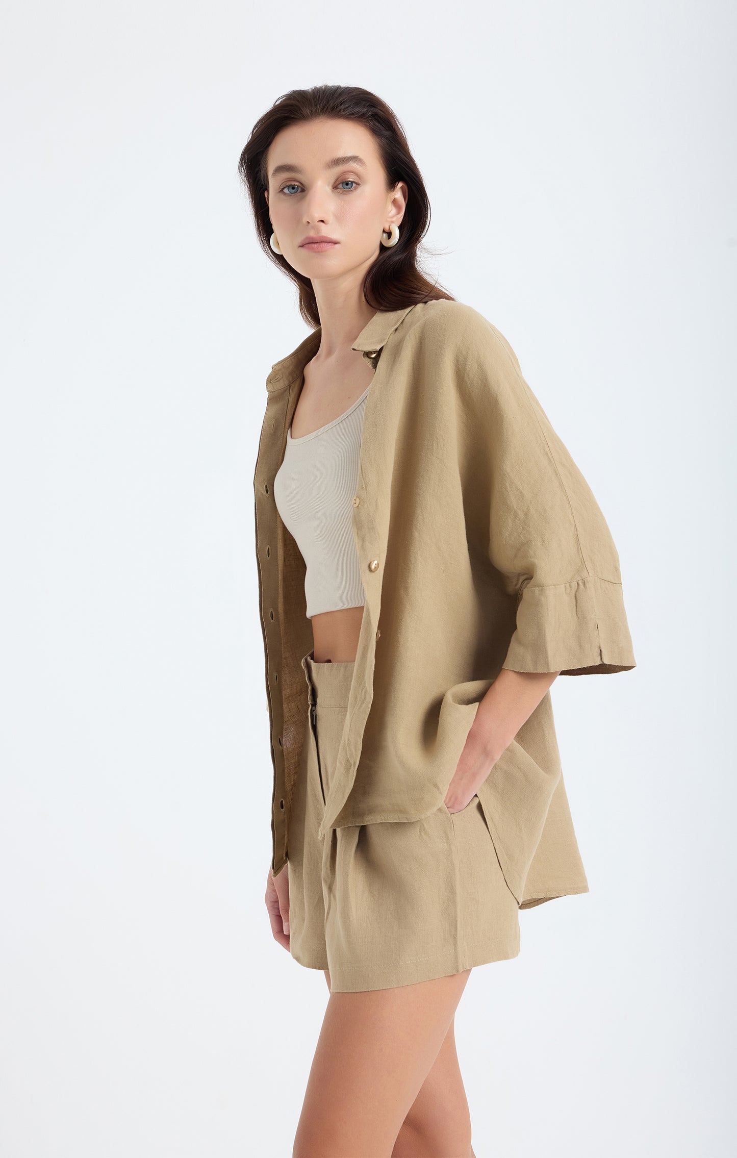 Iyan 100% Linen Oversize Shirt - Dark Beige