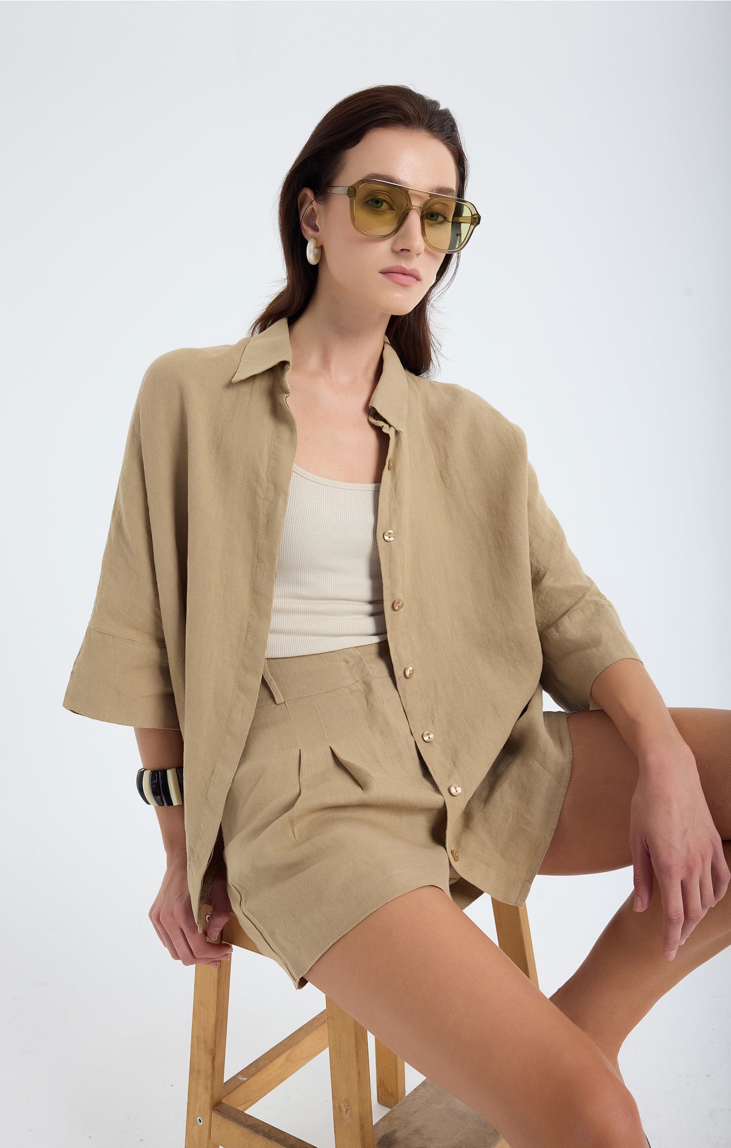 Iyan 100% Linen Oversize Shirt - Dark Beige