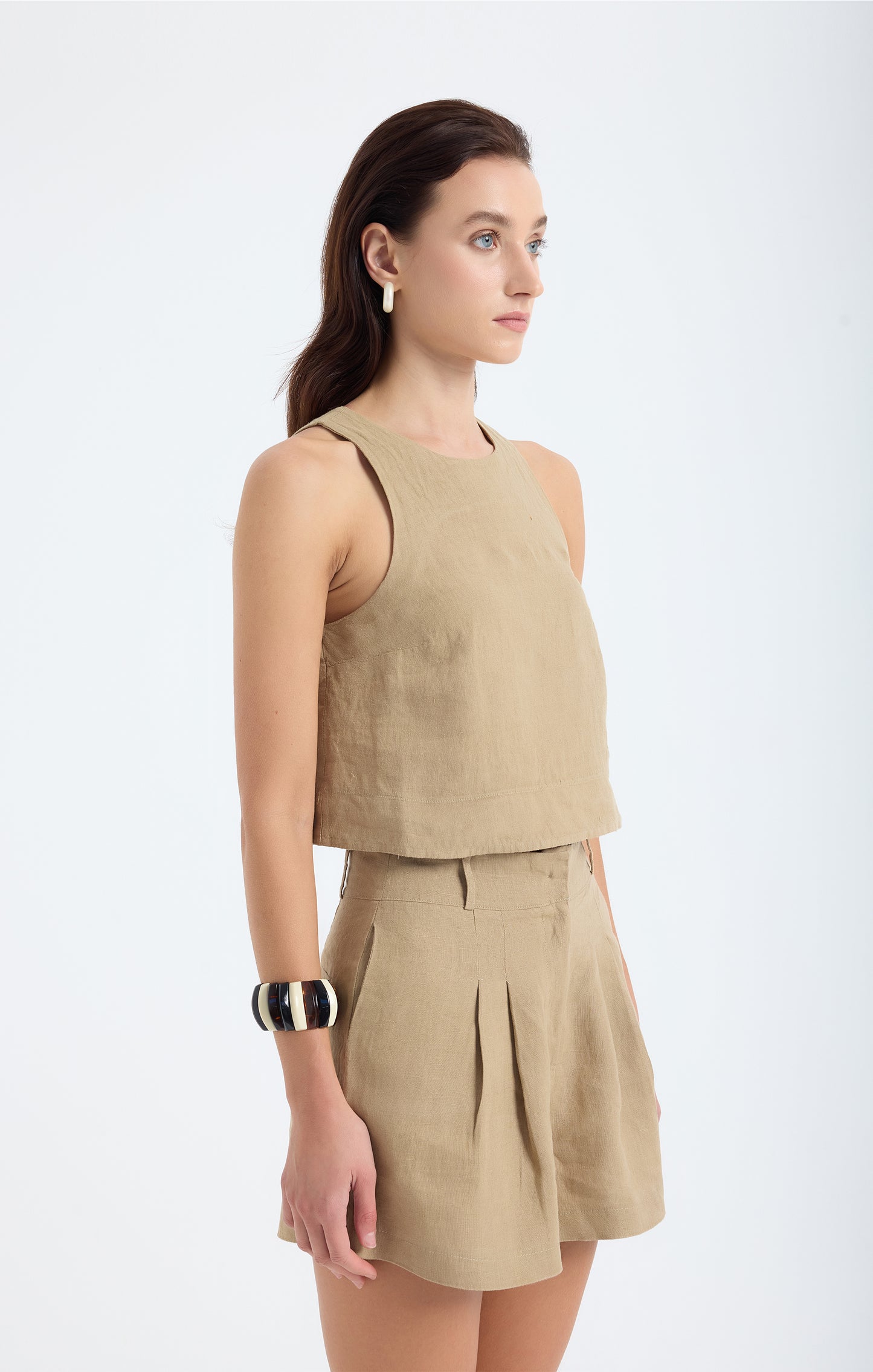 Lena 100% Linen Sleeveless Crop Top - Dark Beige