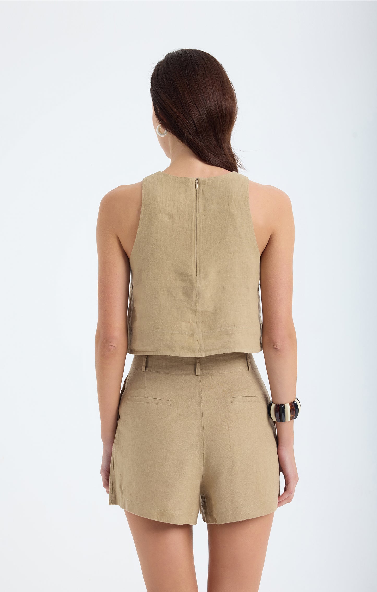 Lena 100% Linen Sleeveless Crop Top - Dark Beige