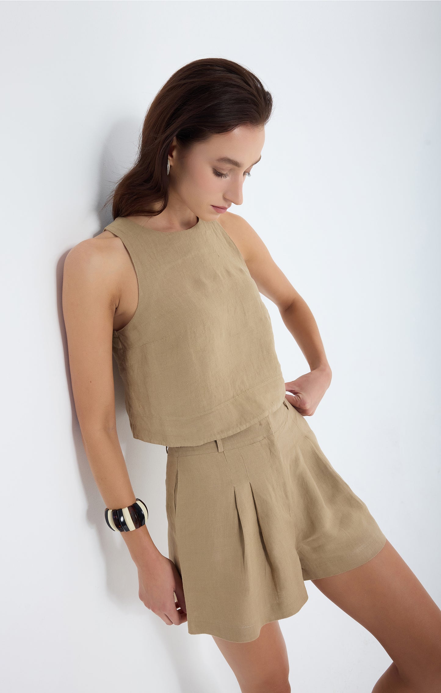 Lena 100% Linen Sleeveless Crop Top - Dark Beige