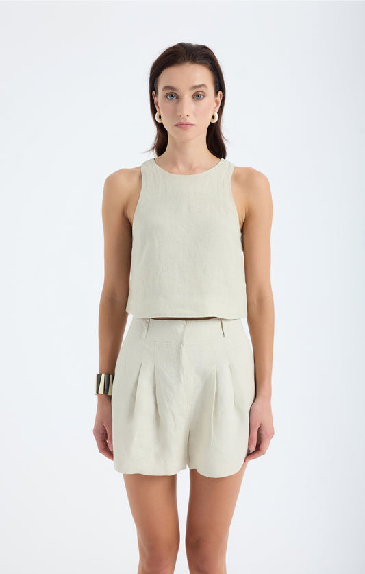 Reve %100 Linen Relaxed Fit High-Waist Short - Stone