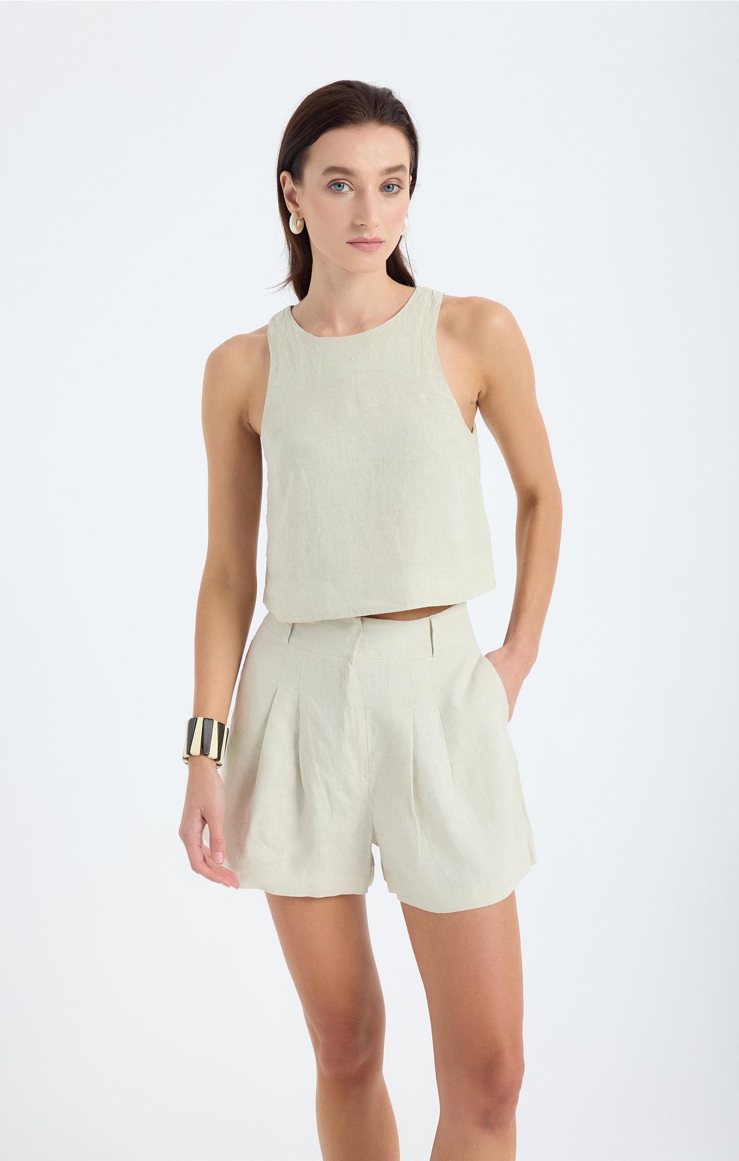Reve %100 Linen Relaxed Fit High-Waist Short - Stone