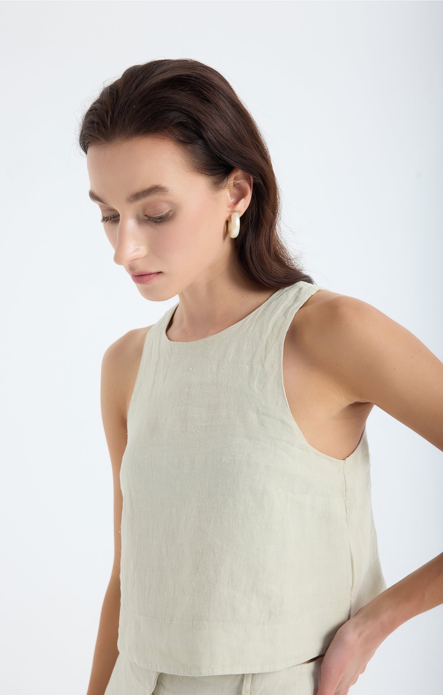 Lena 100% Linen Sleeveless Crop Top - Stone