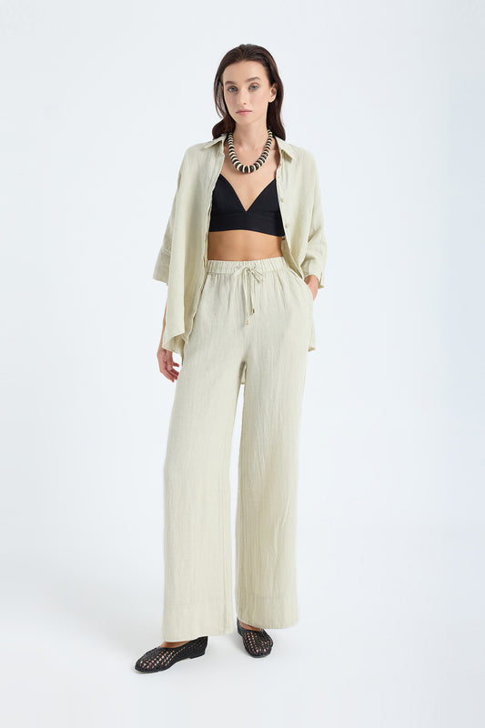 Ciel 100% Linen Wide-Leg Pants - Stone